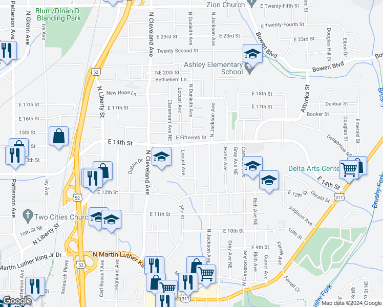 map of restaurants, bars, coffee shops, grocery stores, and more near 1330 North Dunleith Avenue in Winston-Salem