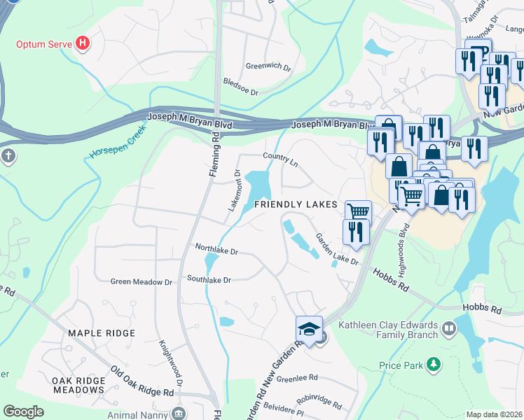 map of restaurants, bars, coffee shops, grocery stores, and more near 5608 Fleming Terrace Road in Greensboro