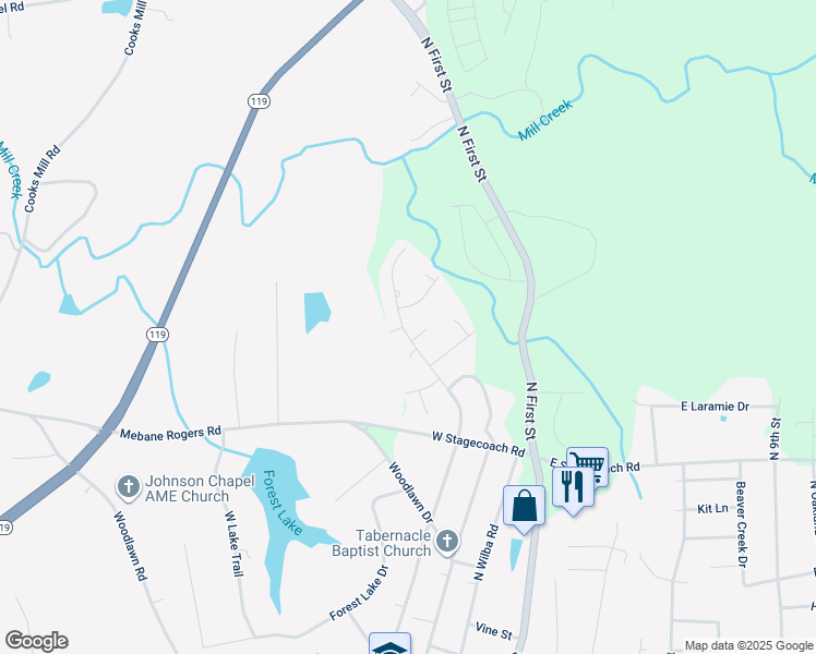 map of restaurants, bars, coffee shops, grocery stores, and more near 900 North Carr Street in Mebane