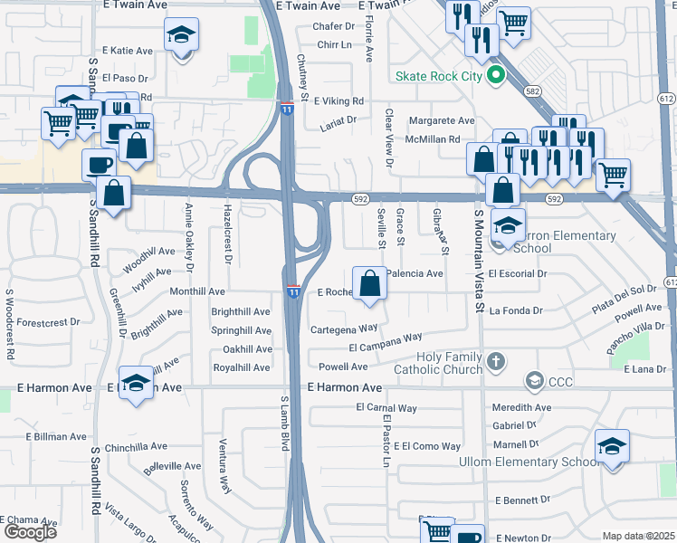 map of restaurants, bars, coffee shops, grocery stores, and more near 4261 El Moor Way in Las Vegas