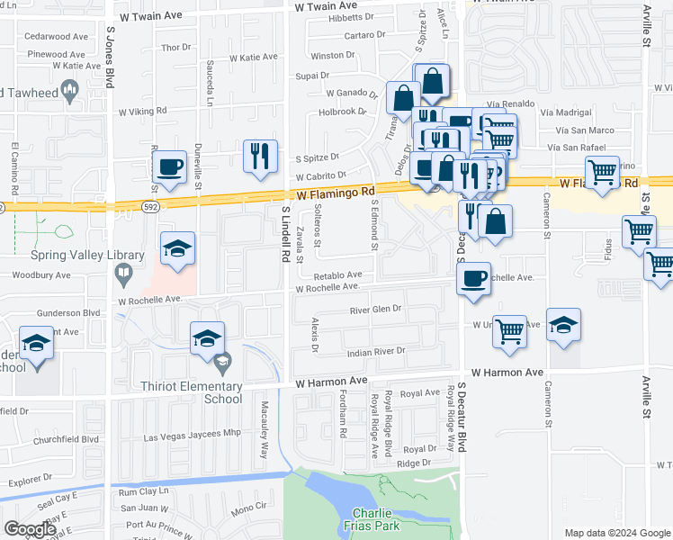 map of restaurants, bars, coffee shops, grocery stores, and more near 5340 Retablo Avenue in Las Vegas