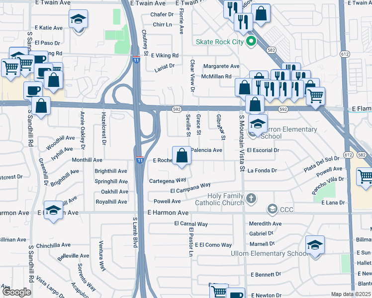 map of restaurants, bars, coffee shops, grocery stores, and more near 4245 Seville Street in Las Vegas
