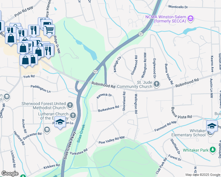 map of restaurants, bars, coffee shops, grocery stores, and more near 3140 Robinhood Road in Winston-Salem