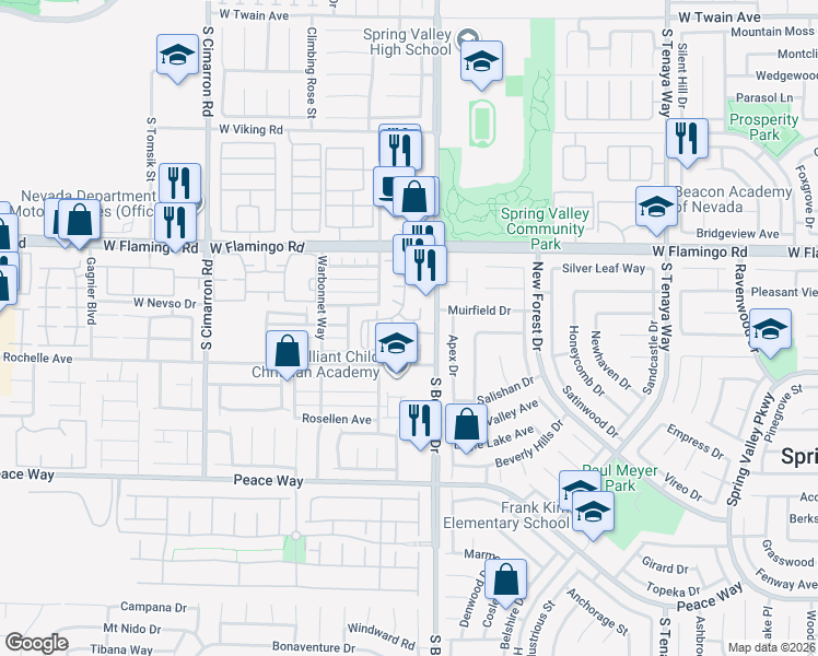 map of restaurants, bars, coffee shops, grocery stores, and more near 7885 West Flamingo Road in Las Vegas