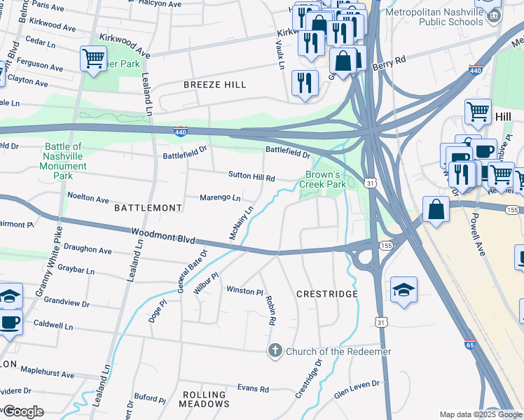 map of restaurants, bars, coffee shops, grocery stores, and more near 2914 McNairy Lane in Nashville