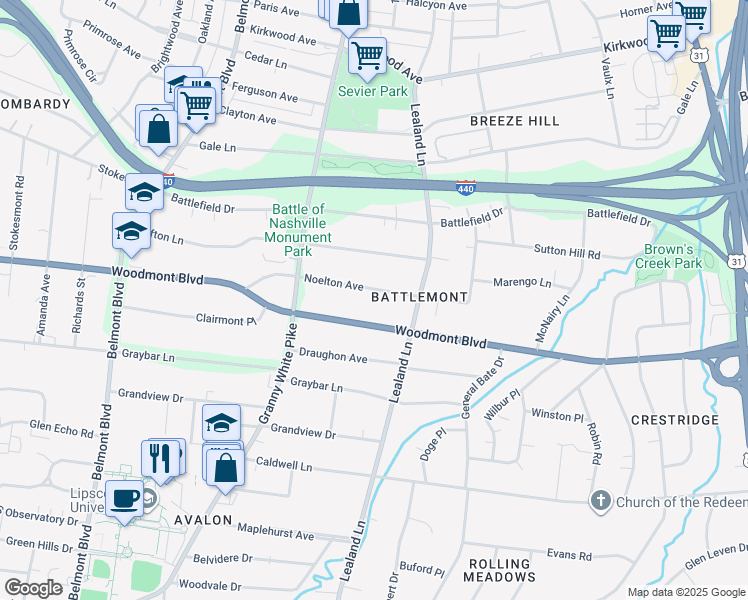map of restaurants, bars, coffee shops, grocery stores, and more near 1004 Noelton Avenue in Nashville