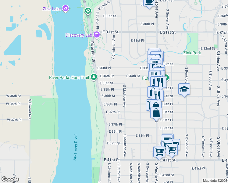 map of restaurants, bars, coffee shops, grocery stores, and more near 207 East 35th Place in Tulsa