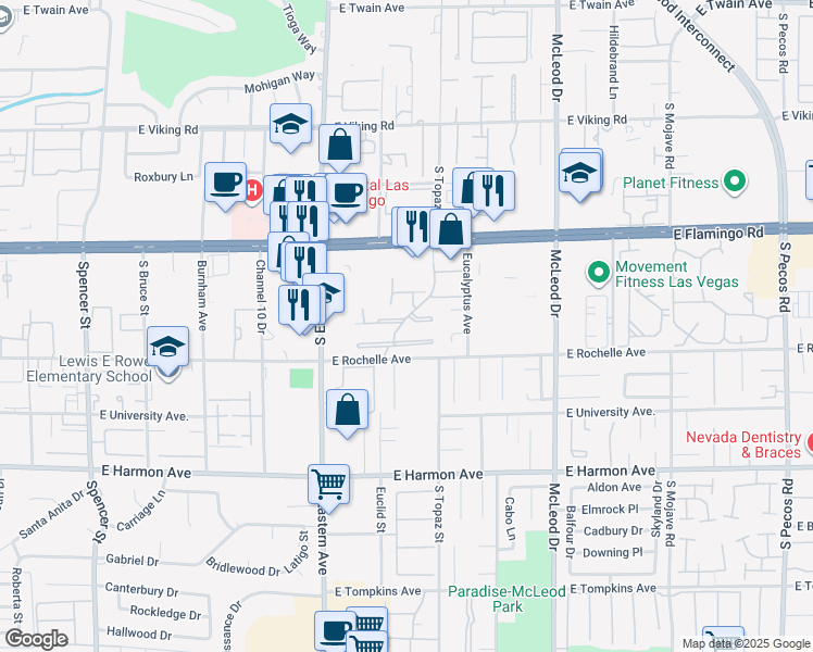map of restaurants, bars, coffee shops, grocery stores, and more near 2547 Egret Circle in Las Vegas