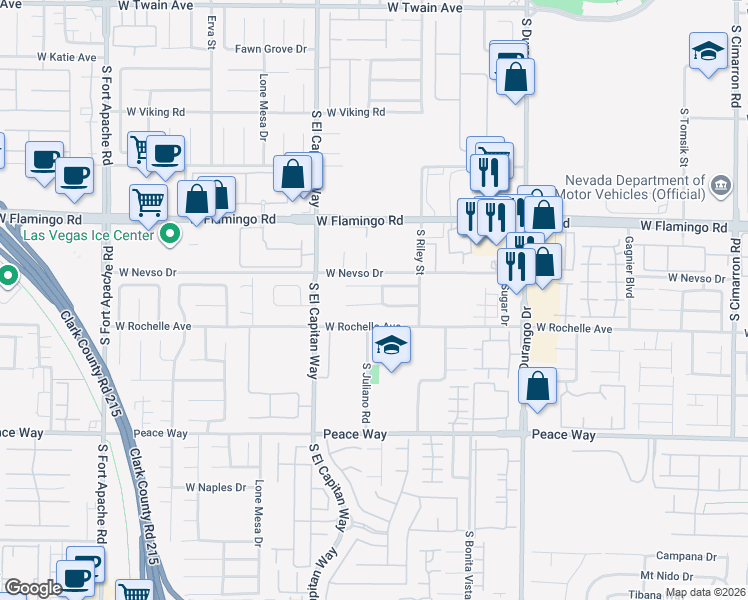 map of restaurants, bars, coffee shops, grocery stores, and more near 8884 Kingswood Drive in Las Vegas