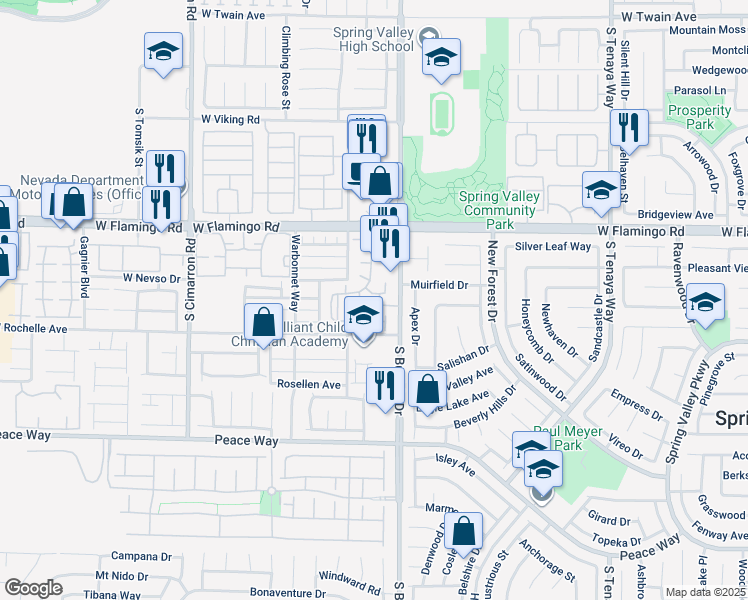 map of restaurants, bars, coffee shops, grocery stores, and more near 7885 West Flamingo Road in Las Vegas
