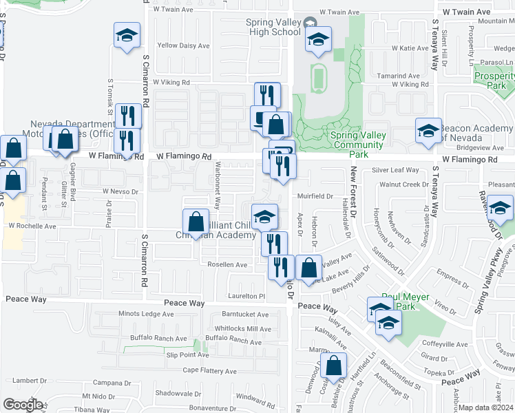 map of restaurants, bars, coffee shops, grocery stores, and more near 7885 West Flamingo Road in Las Vegas