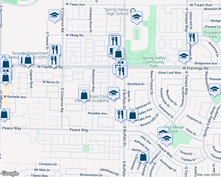 map of restaurants, bars, coffee shops, grocery stores, and more near 7885 West Flamingo Road in Las Vegas