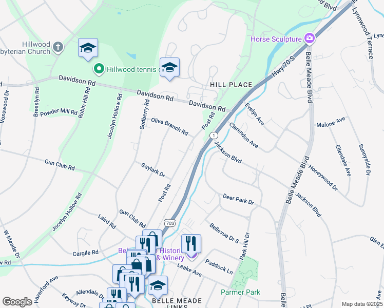 map of restaurants, bars, coffee shops, grocery stores, and more near 5919 Post Road in Nashville
