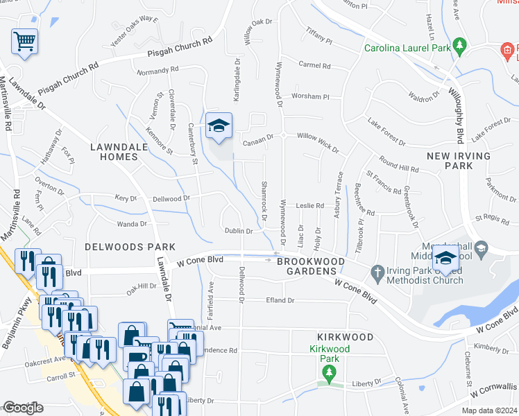 map of restaurants, bars, coffee shops, grocery stores, and more near 2909 Shamrock Drive in Greensboro