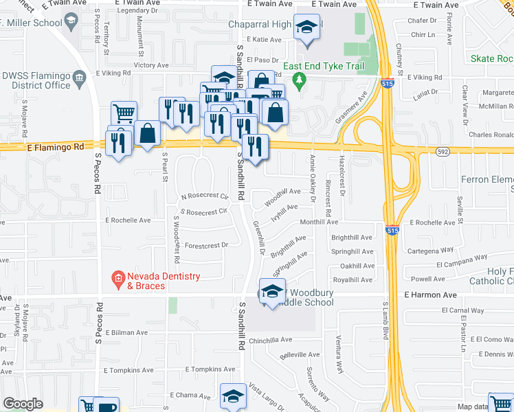 map of restaurants, bars, coffee shops, grocery stores, and more near 4201 Greenhill Drive in Las Vegas