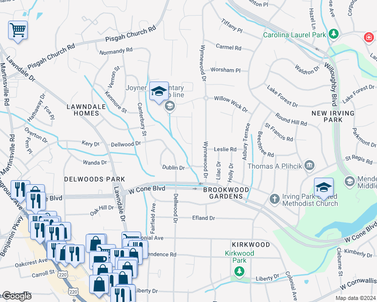 map of restaurants, bars, coffee shops, grocery stores, and more near 2909 Shamrock Drive in Greensboro