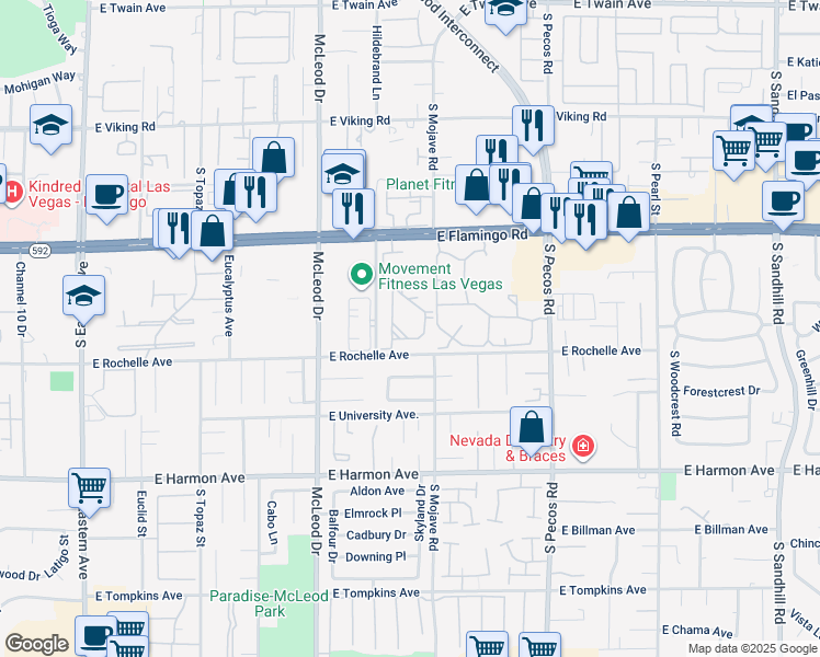 map of restaurants, bars, coffee shops, grocery stores, and more near 3145 East Flamingo Road in Las Vegas