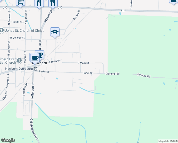map of restaurants, bars, coffee shops, grocery stores, and more near 610 Parks Street in Newbern
