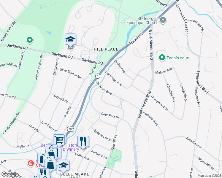 map of restaurants, bars, coffee shops, grocery stores, and more near 206 Jackson Boulevard in Nashville