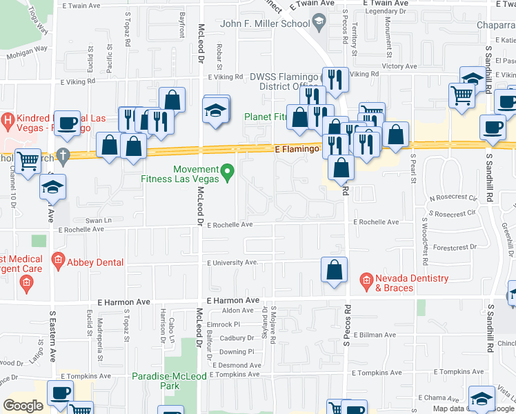 map of restaurants, bars, coffee shops, grocery stores, and more near 3145 East Flamingo Road in Las Vegas