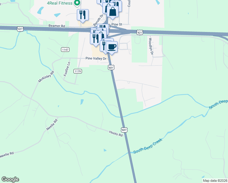 map of restaurants, bars, coffee shops, grocery stores, and more near 1117 U.S. 601 in Yadkinville