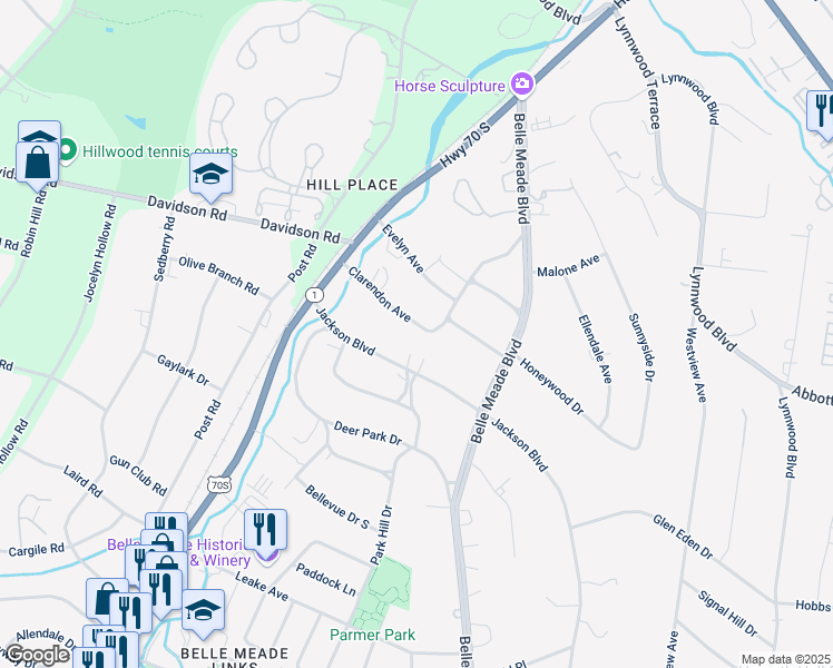 map of restaurants, bars, coffee shops, grocery stores, and more near 109 Clarendon Avenue in Nashville