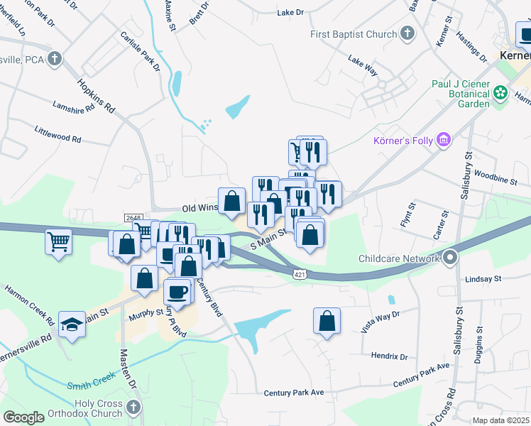 map of restaurants, bars, coffee shops, grocery stores, and more near 838 South Main Street in Kernersville
