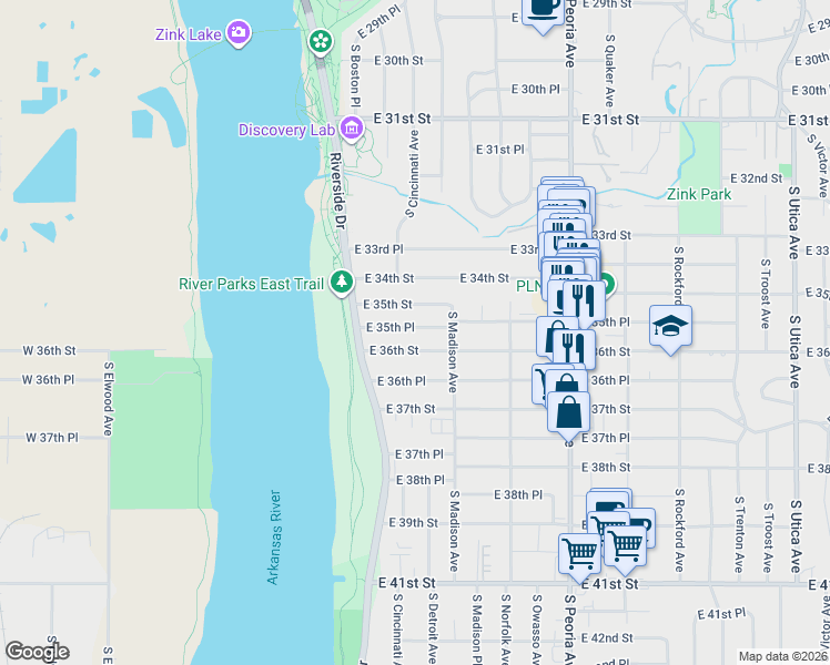 map of restaurants, bars, coffee shops, grocery stores, and more near 207 East 35th Place in Tulsa