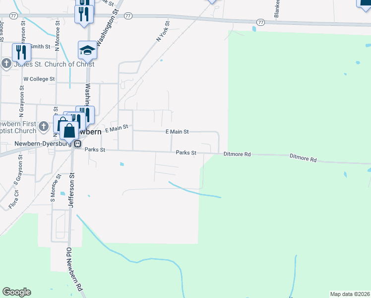 map of restaurants, bars, coffee shops, grocery stores, and more near 608 Parks Street in Newbern
