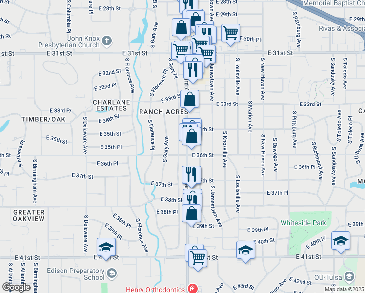 map of restaurants, bars, coffee shops, grocery stores, and more near 3513 South Harvard Avenue in Tulsa
