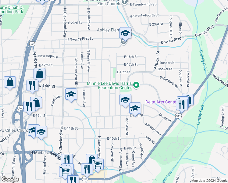 map of restaurants, bars, coffee shops, grocery stores, and more near 1326 C E Gray Drive in Winston-Salem