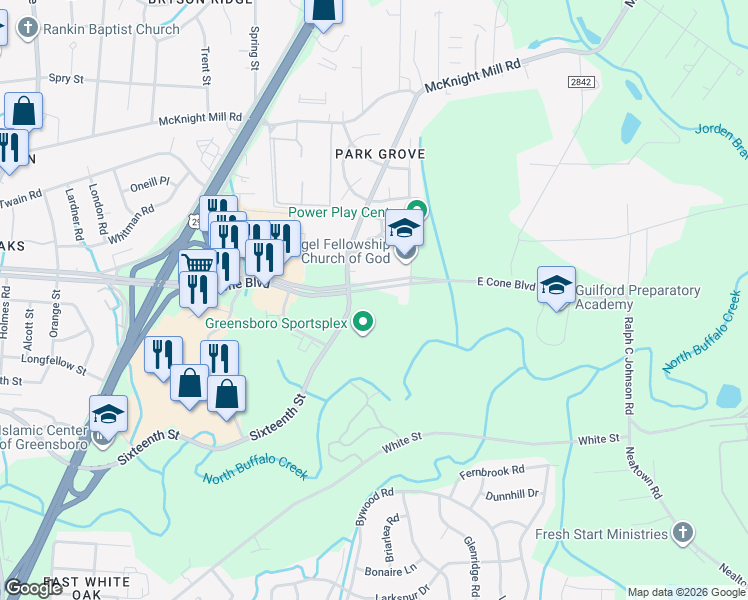 map of restaurants, bars, coffee shops, grocery stores, and more near 2410 Sixteenth Street in Greensboro
