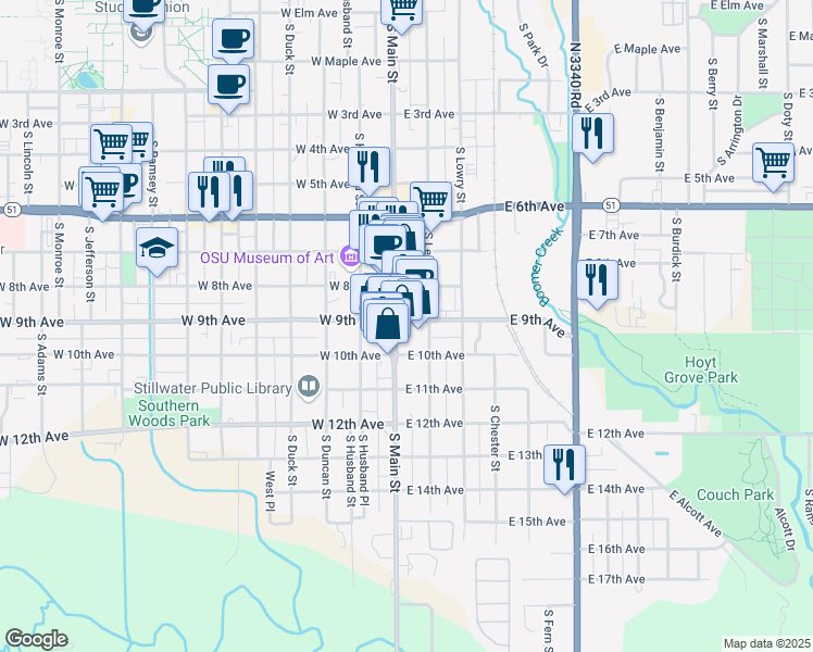 map of restaurants, bars, coffee shops, grocery stores, and more near 107 East 9th Avenue in Stillwater