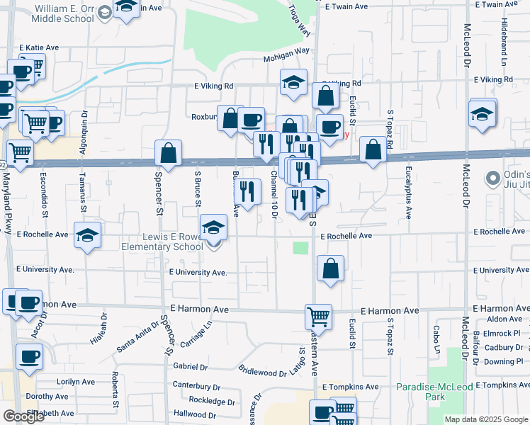 map of restaurants, bars, coffee shops, grocery stores, and more near 13 East Nevso Drive in Las Vegas