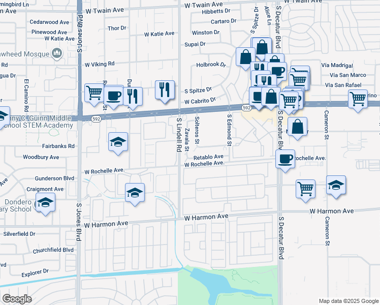 map of restaurants, bars, coffee shops, grocery stores, and more near 5403 Del Gado Drive in Las Vegas