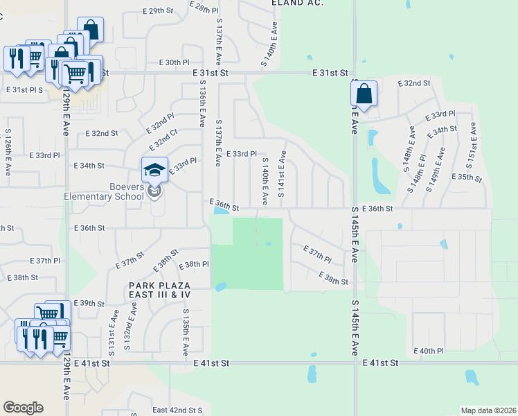map of restaurants, bars, coffee shops, grocery stores, and more near 3365 South 139th East Avenue in Tulsa