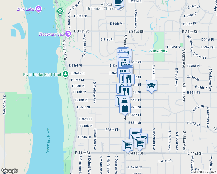map of restaurants, bars, coffee shops, grocery stores, and more near 1112 East 35th Place in Tulsa