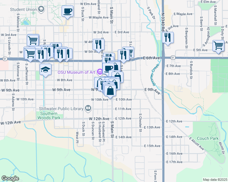 map of restaurants, bars, coffee shops, grocery stores, and more near 824 South Main Street in Stillwater