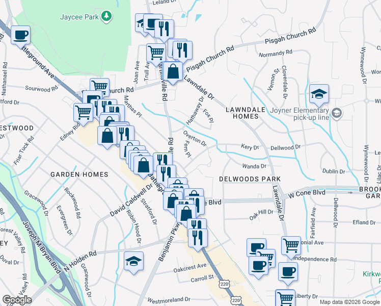 map of restaurants, bars, coffee shops, grocery stores, and more near 2406 Kery Drive in Greensboro