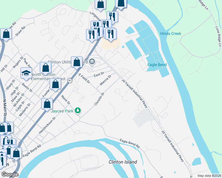 map of restaurants, bars, coffee shops, grocery stores, and more near 213 Christin Drive in Clinton