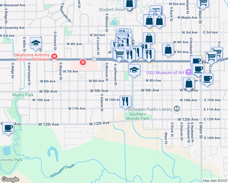 map of restaurants, bars, coffee shops, grocery stores, and more near 824 South Jefferson Street in Stillwater