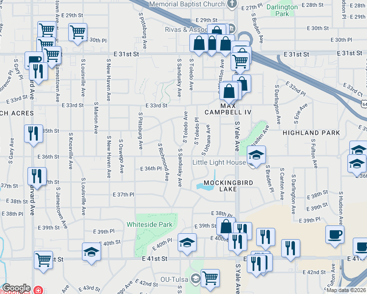 map of restaurants, bars, coffee shops, grocery stores, and more near 3561 South Sandusky Avenue in Tulsa