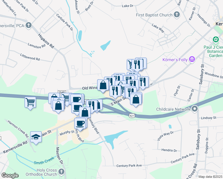 map of restaurants, bars, coffee shops, grocery stores, and more near 841 Old Winston Road in Kernersville