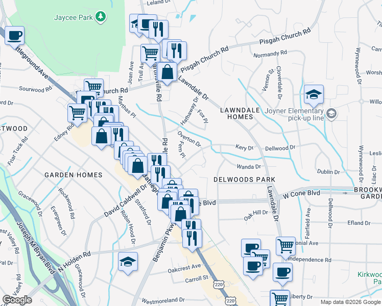 map of restaurants, bars, coffee shops, grocery stores, and more near 2406 Kery Drive in Greensboro