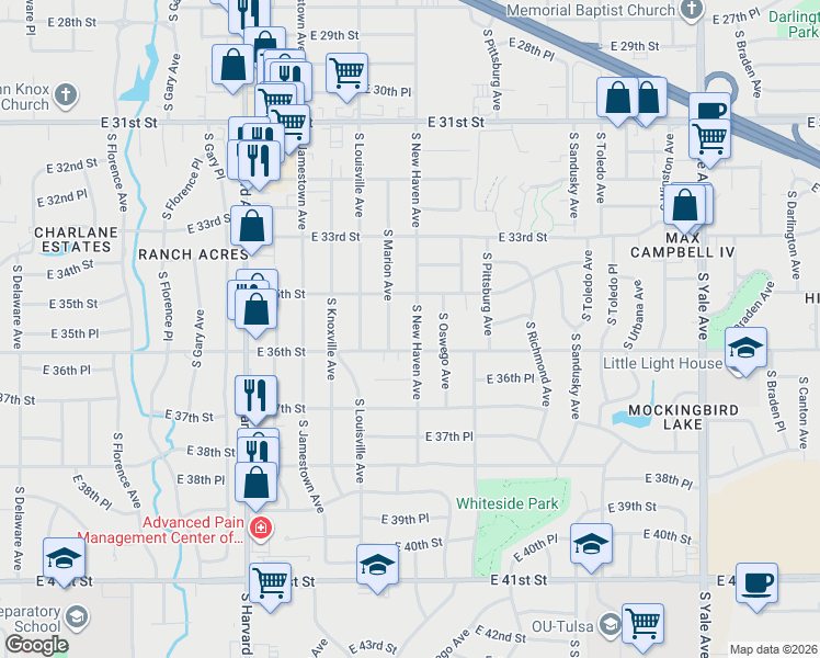 map of restaurants, bars, coffee shops, grocery stores, and more near 3524 South New Haven Avenue in Tulsa