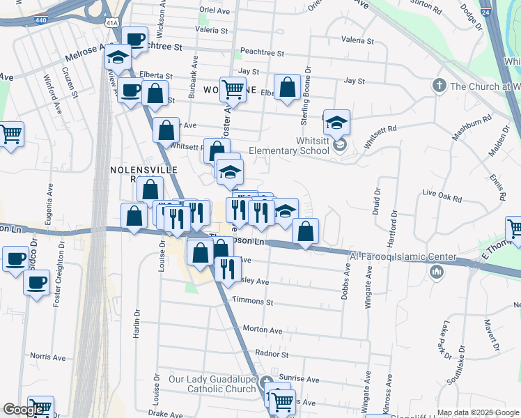 map of restaurants, bars, coffee shops, grocery stores, and more near 2844B Logan Street in Nashville