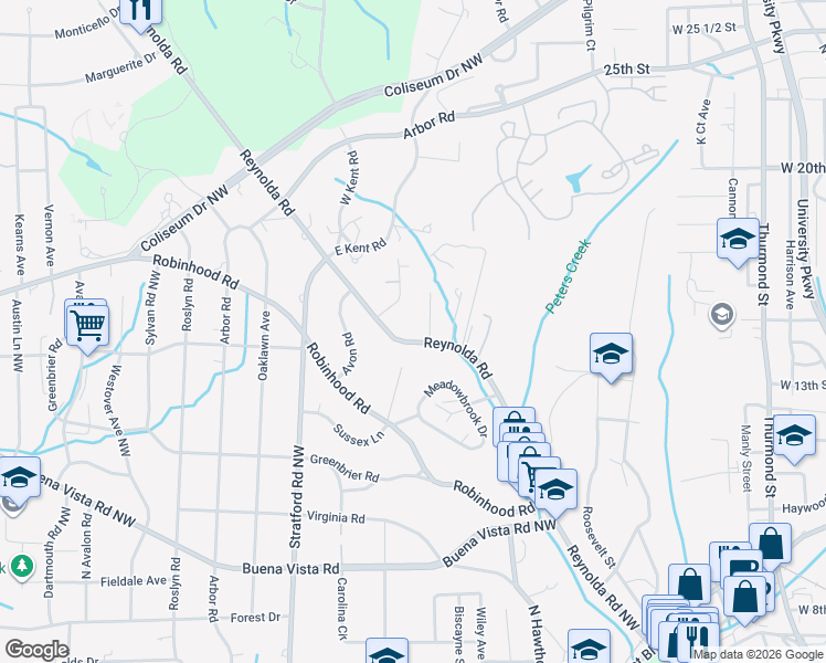 map of restaurants, bars, coffee shops, grocery stores, and more near 1025 Deepwood Court Northwest in Winston-Salem