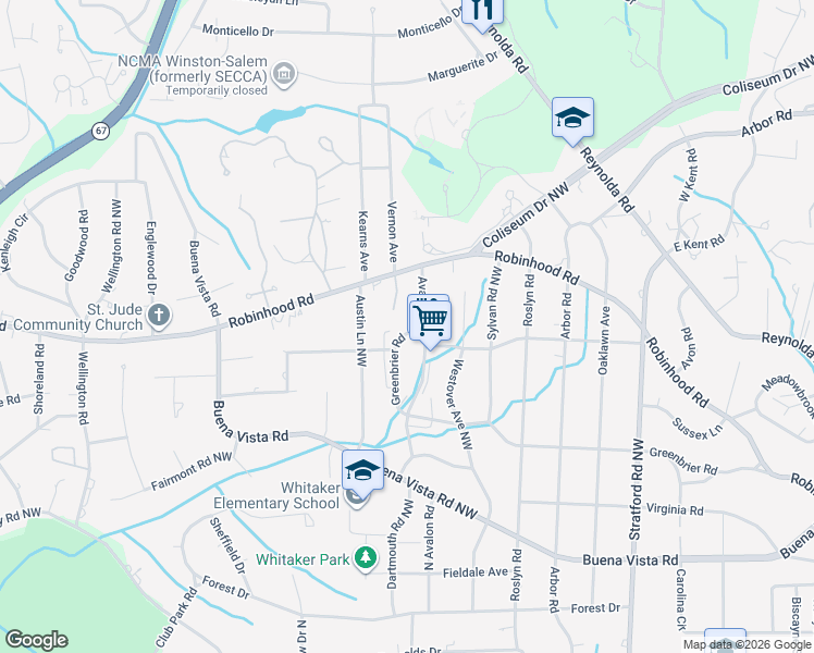 map of restaurants, bars, coffee shops, grocery stores, and more near 2620 Greenbrier Road in Winston-Salem