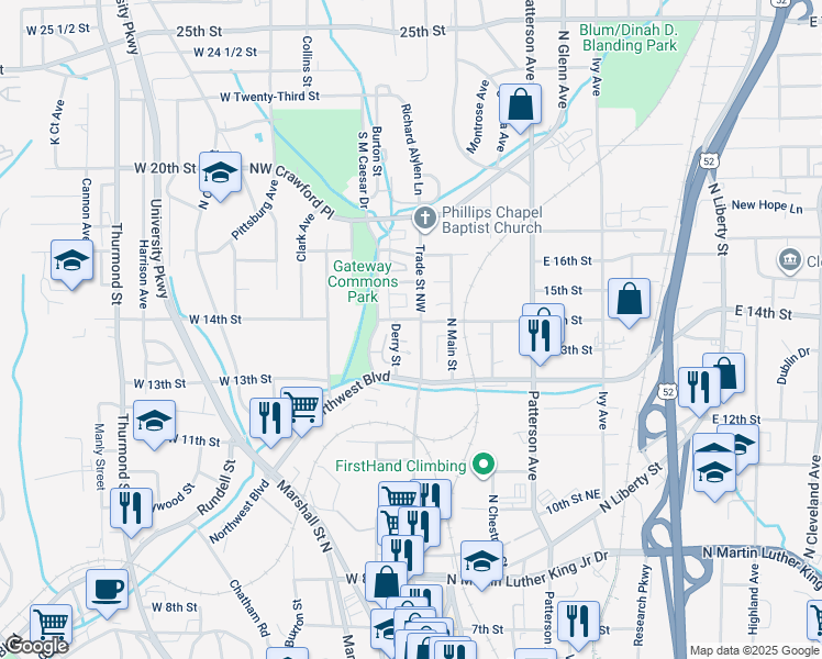map of restaurants, bars, coffee shops, grocery stores, and more near 1352 Trade Street Northwest in Winston-Salem