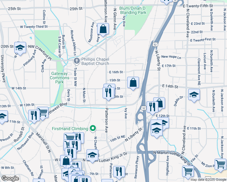 map of restaurants, bars, coffee shops, grocery stores, and more near 318 14th Street Northeast in Winston-Salem